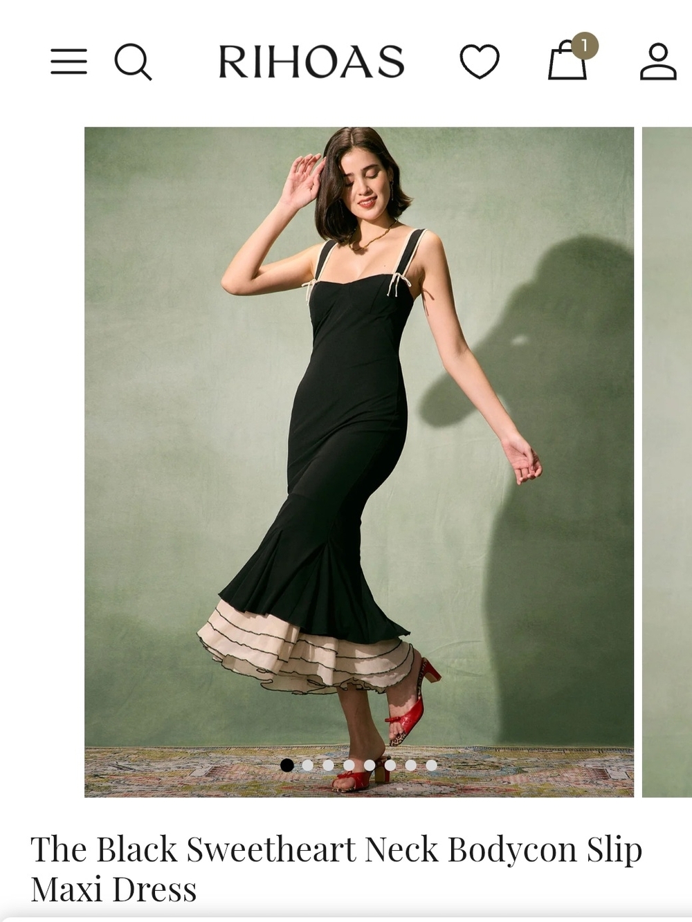 RIHOAS Black Maxi Slip Dress with Cream Tiered Hem